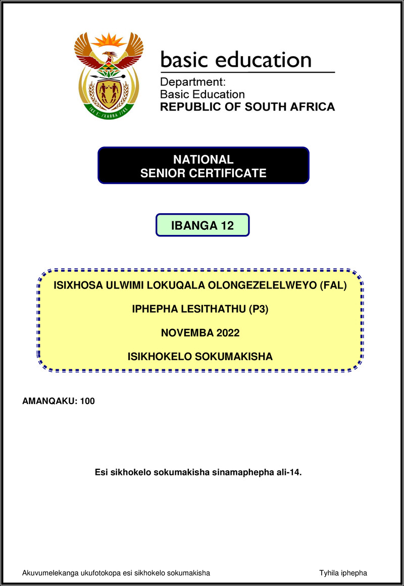 Isixhosa Fal P3 Nov 2022 Mg Gr12