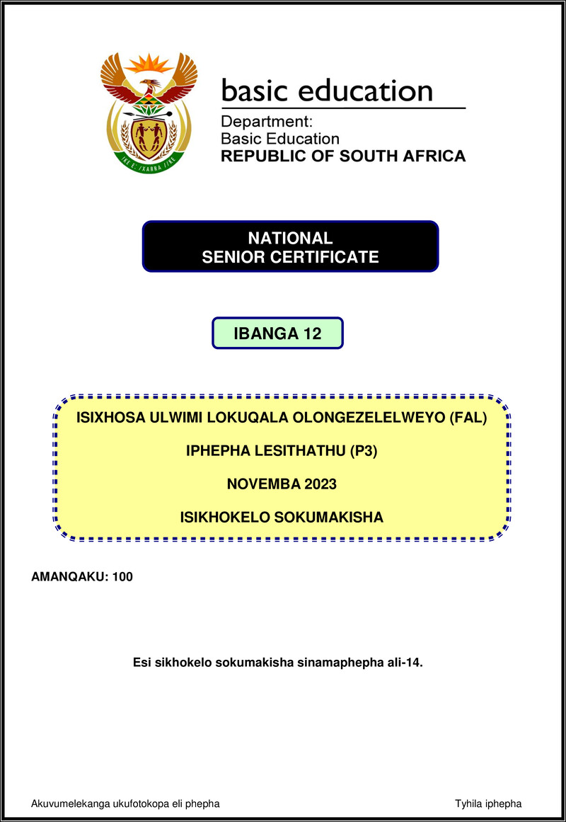Isixhosa Fal P3 Nov 2023 Mg Gr12