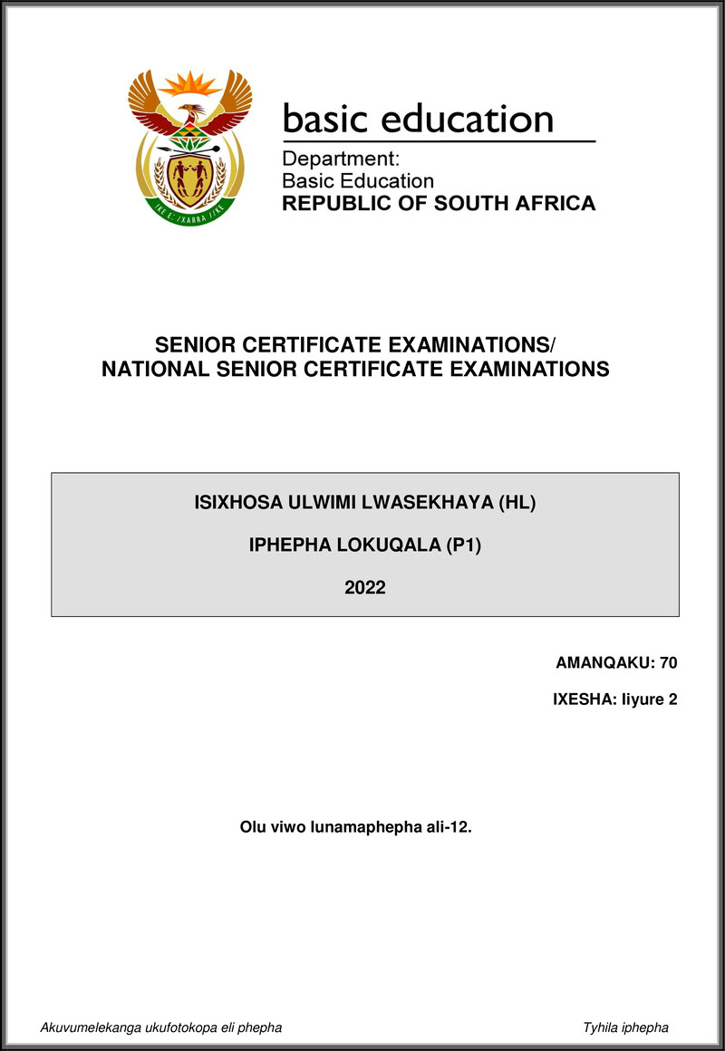 Isixhosa Hl P1 May June 2022 Gr12