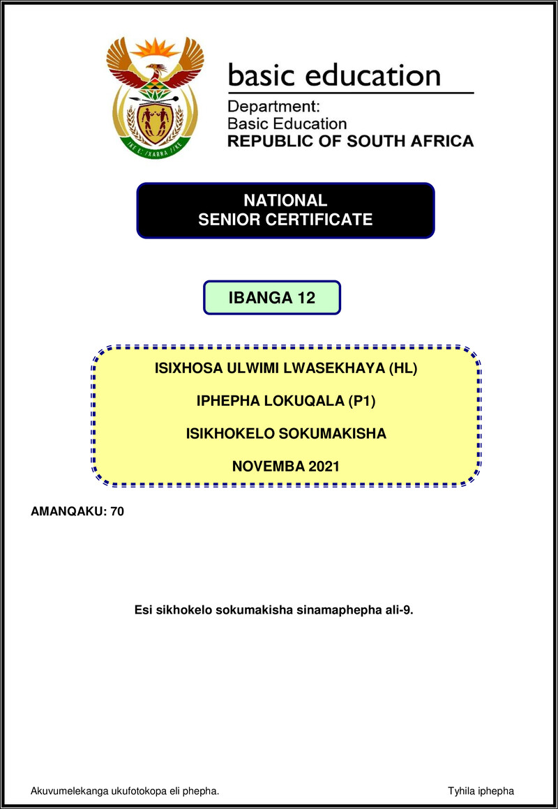 Isixhosa Hl P1 Nov 2021 Mg Gr12