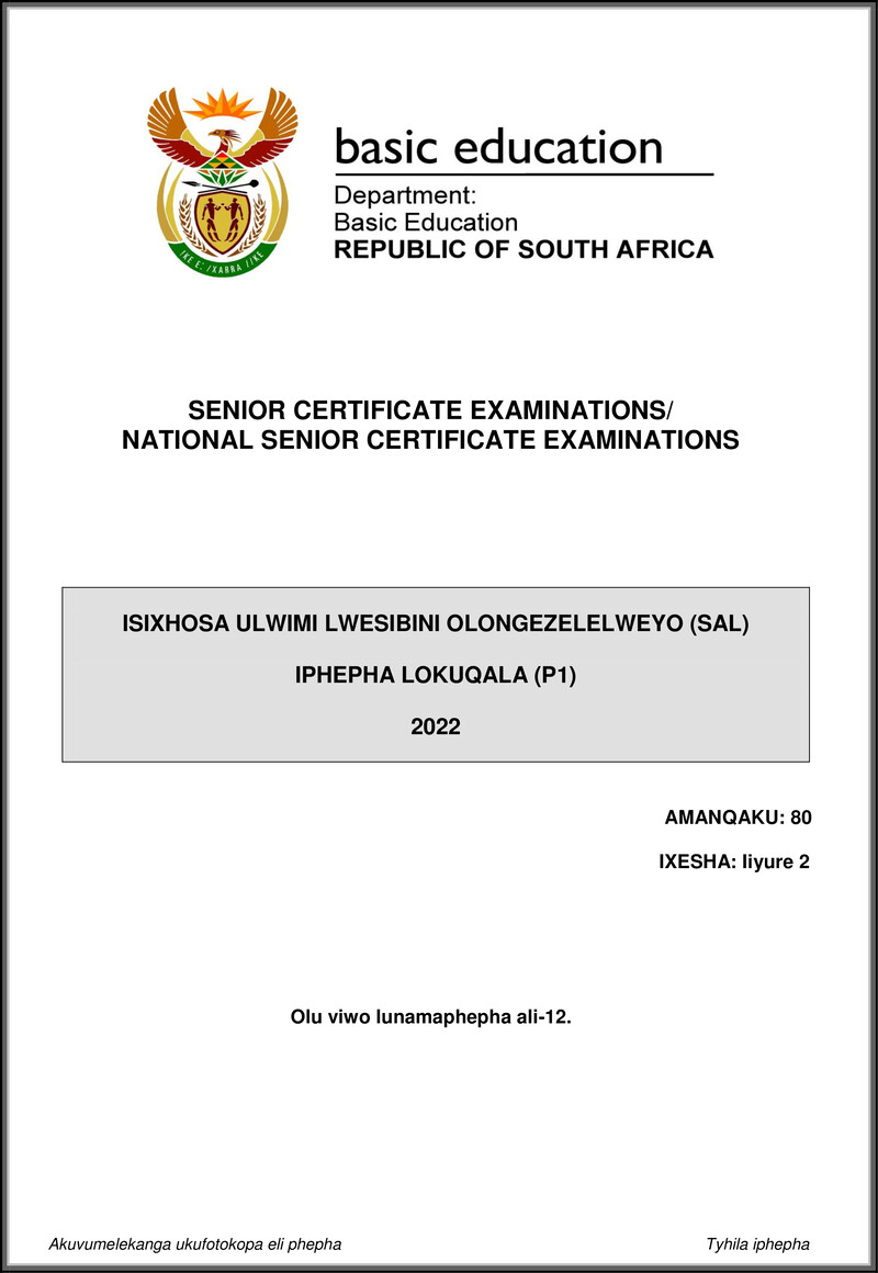 Isixhosa Sal P1 May June 2022 Gr12