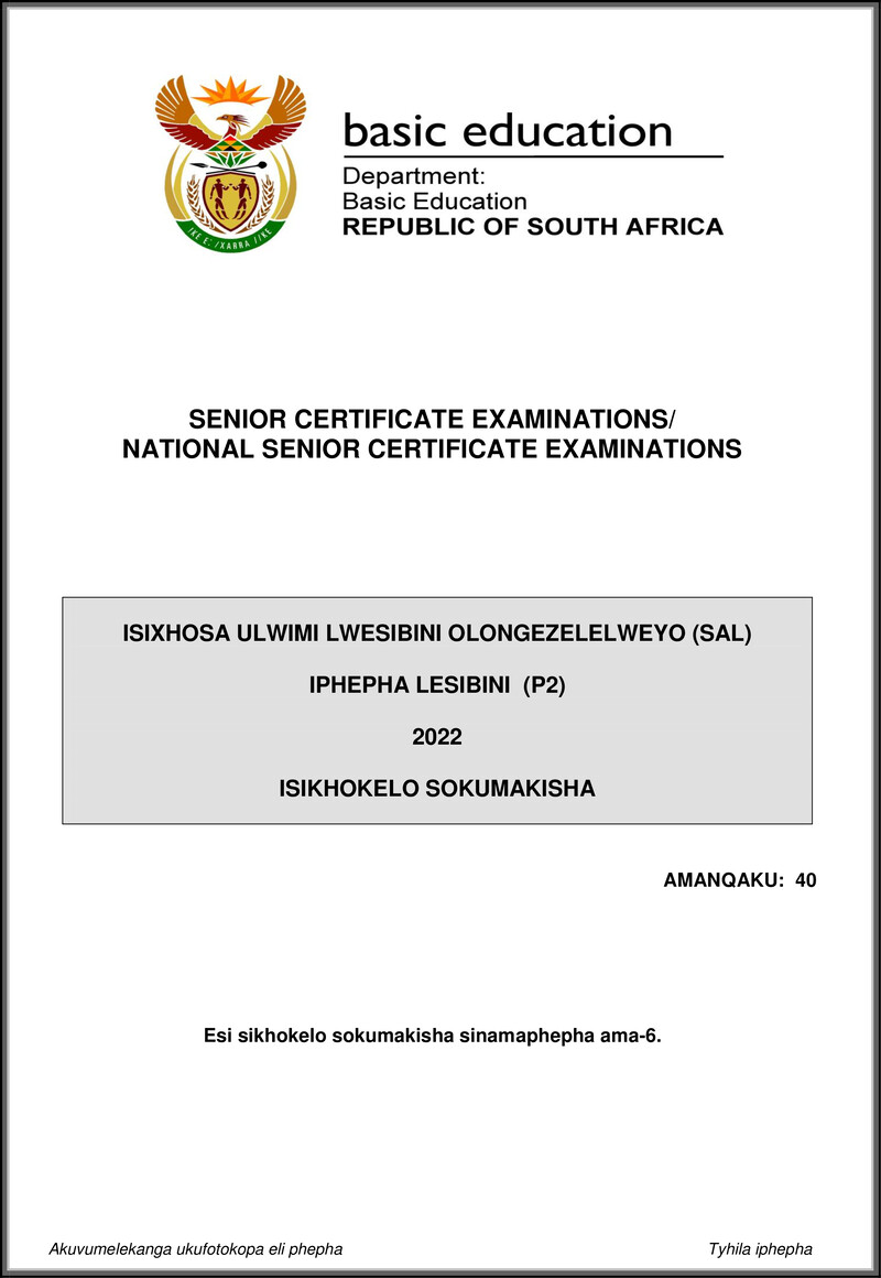 Isixhosa Sal P2 May June 2022 Mg Gr12