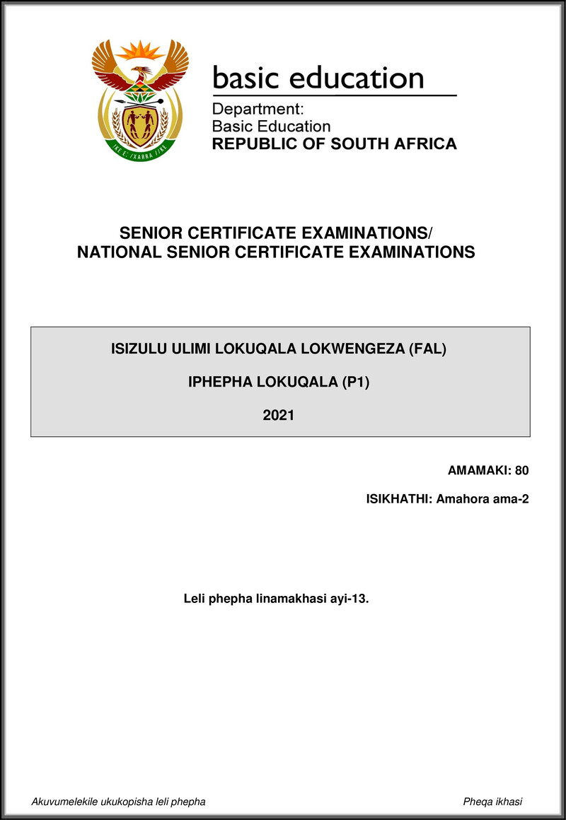 Grade 12 isiZulu past paper 2021 – isizulu fal p1 may june 2021 gr12