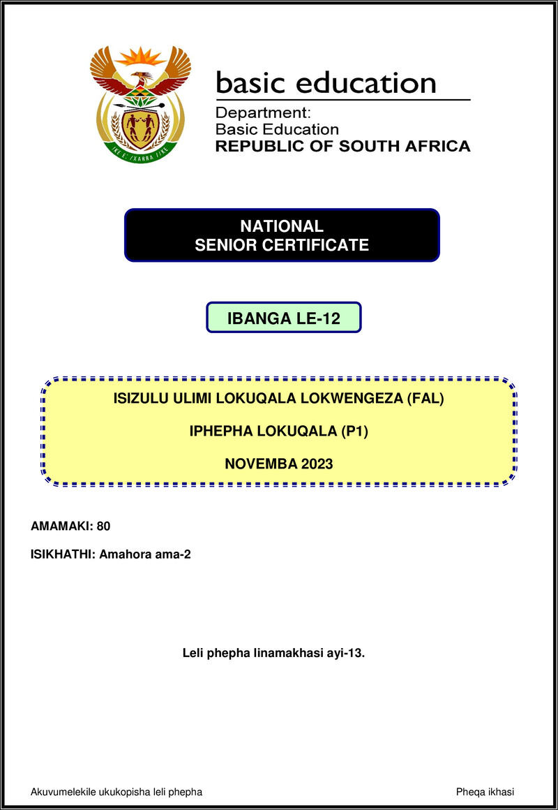 Grade 12 isiZulu past paper 2023 – isizulu fal p1 nov 2023 gr12