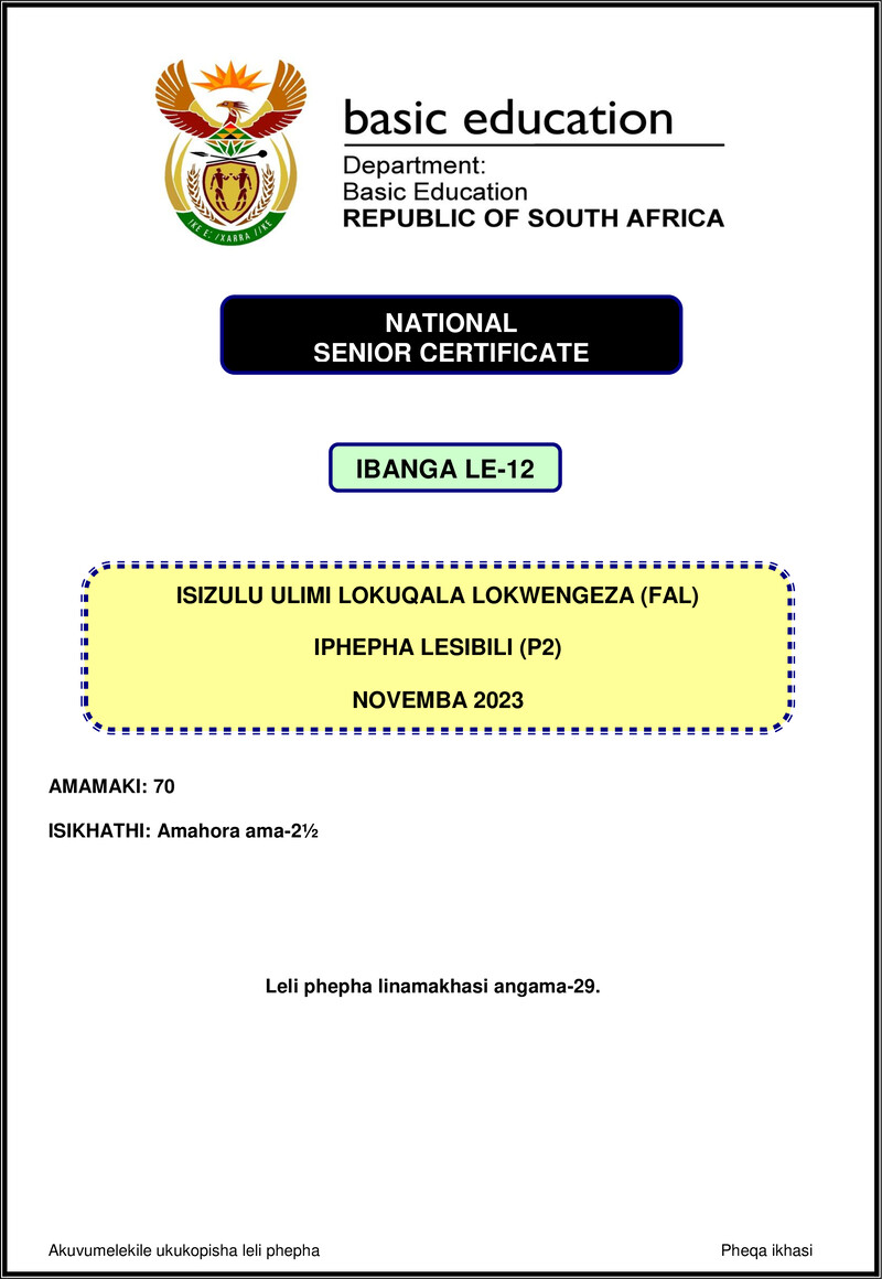 Isizulu Fal P2 Nov 2023 Gr12
