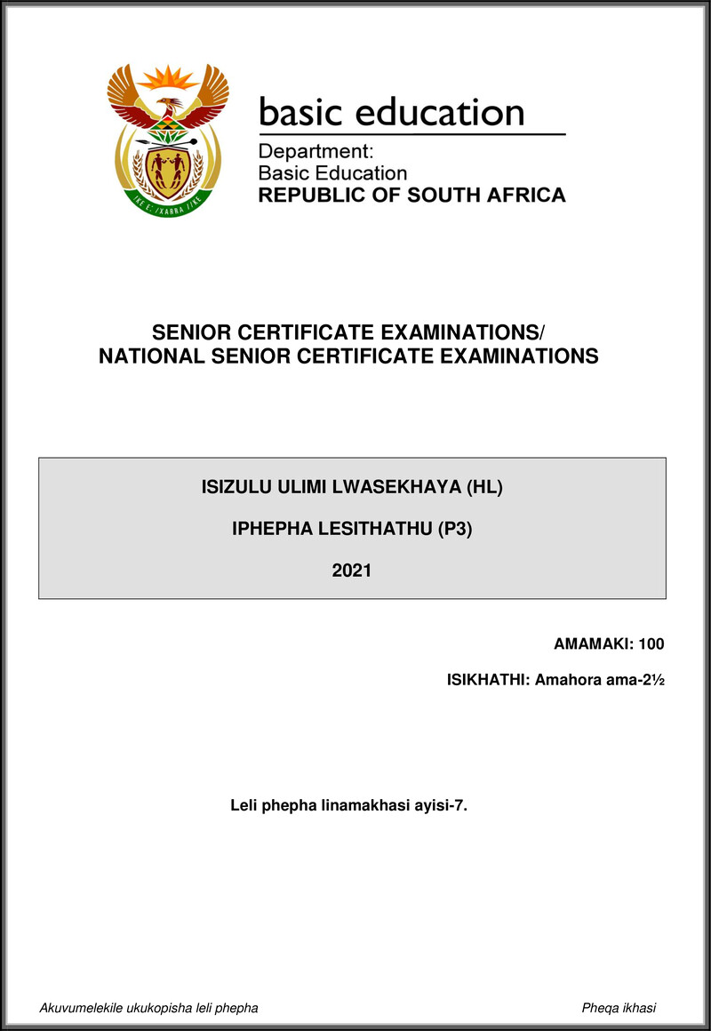 Isizulu Hl P3 May June 2021 Gr12