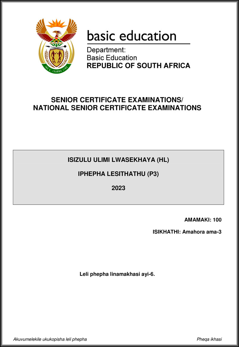 Isizulu Hl P3 May June 2023 Gr12