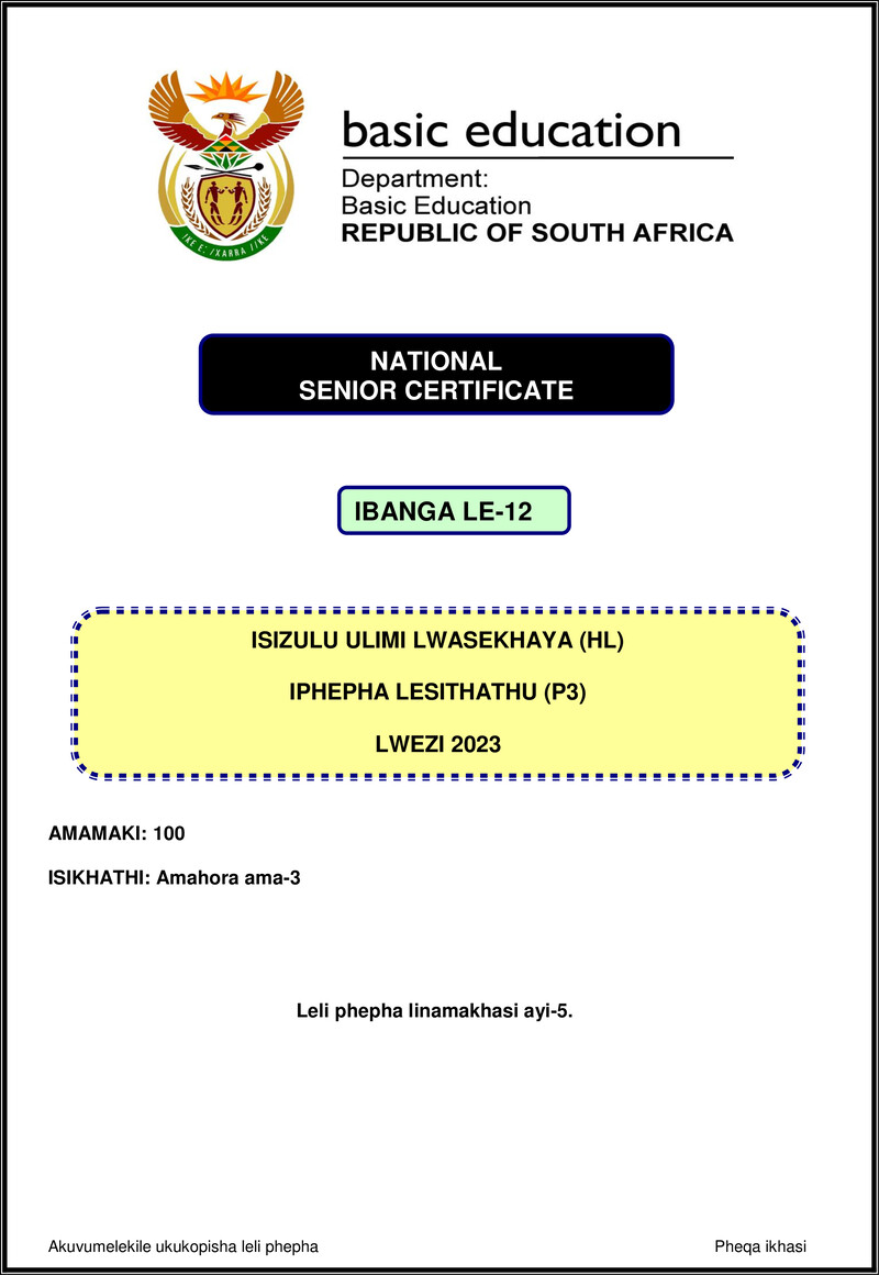 Grade 12 isiZulu past paper 2023 – isizulu hl p3 nov 2023 gr12