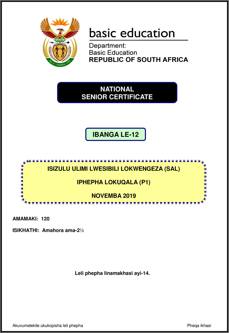 Isizulu Sal P1 Nov 2019 Gr12