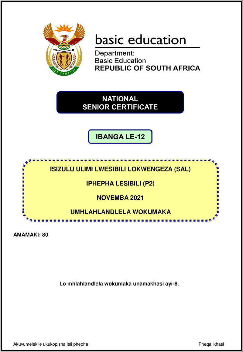 Isizulu Sal P1 Nov 2021 Mg Gr12