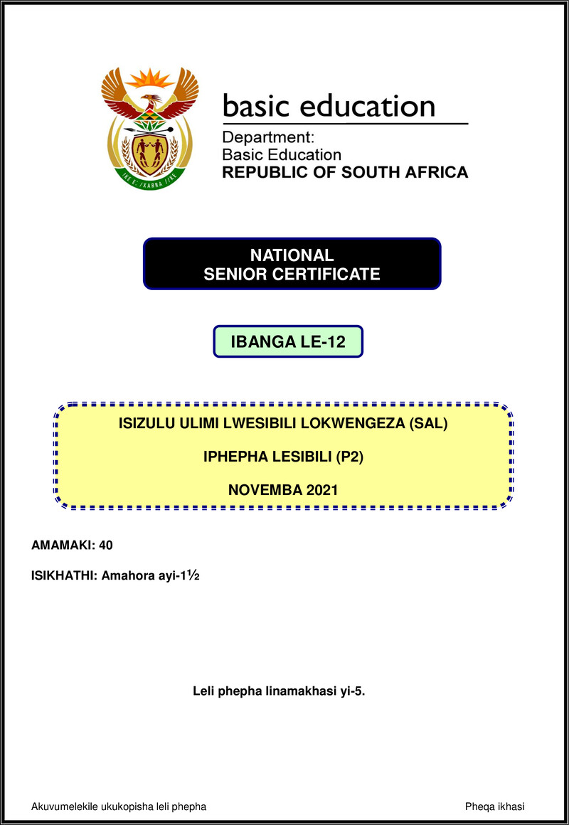 Isizulu Sal P2 Nov 2021 Gr12