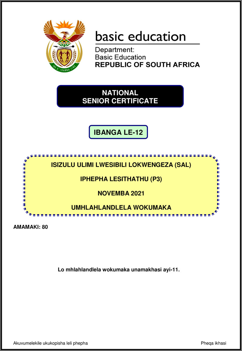 Isizulu Sal P3 Nov 2021 Mg Gr12
