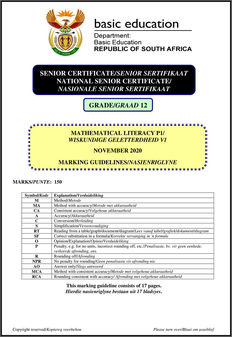 Mathematical Literacy P1 Nov 2020 Memo Afr Eng Gr12