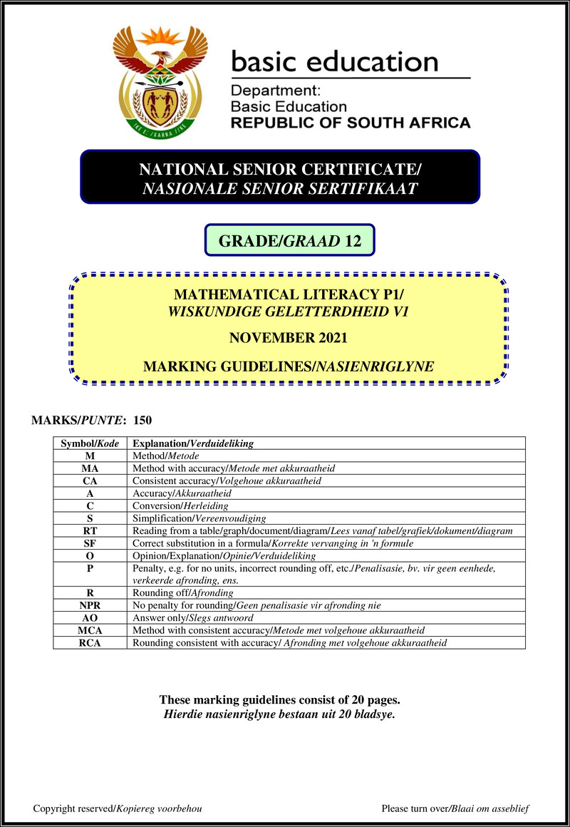 Grade 12 Mathematical Literacy past paper 2021 – mathematical literacy p1 nov 2021 mg afr eng gr12