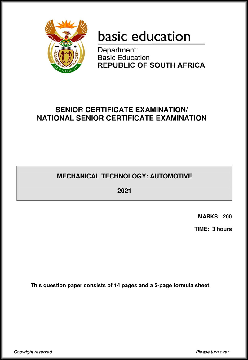 Grade 12 Mechanical Technology past paper 2021 – mechanical technology may june 2021 automotive eng gr12