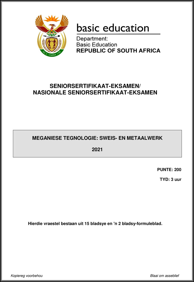 Grade 12 Mechanical Technology past paper 2021 – mechanical technology may june 2021 welding metalwork afr gr12