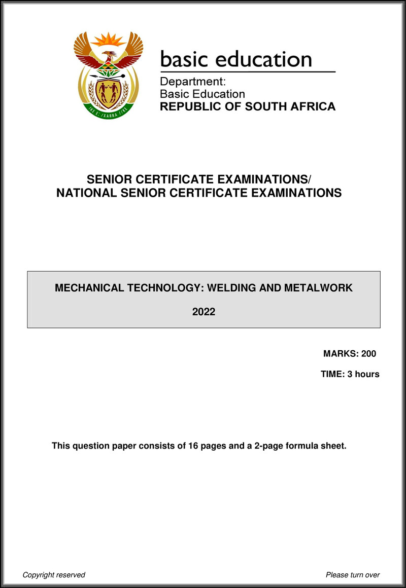 Grade 12 Mechanical Technology past paper 2022 – mechanical technology may june 2022 welding metalwork eng gr12