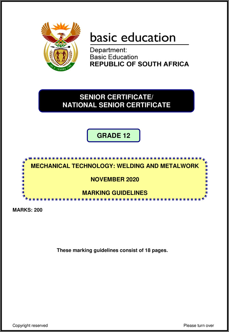 Grade 12 Mechanical Technology past paper 2020 – mechanical technology nov 2020 welding metalwork memo eng gr12