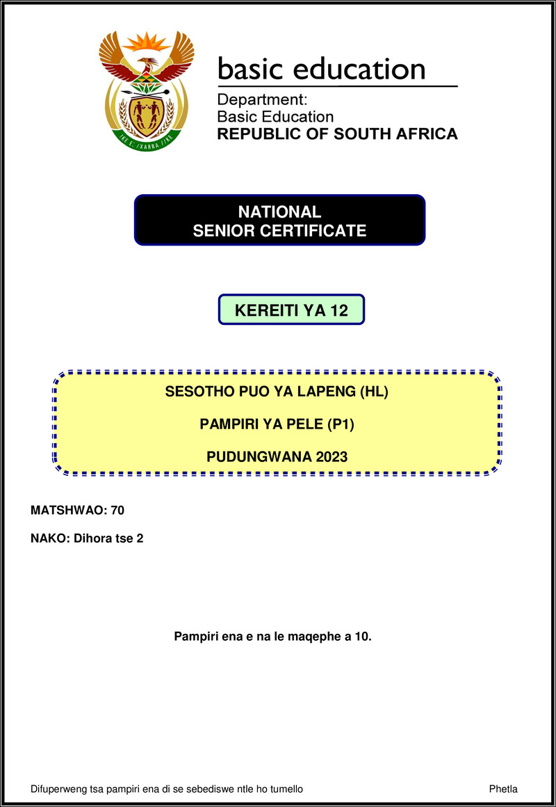 Grade 12 Sesotho past paper 2023 – sesotho hl p1 nov 2023 gr12