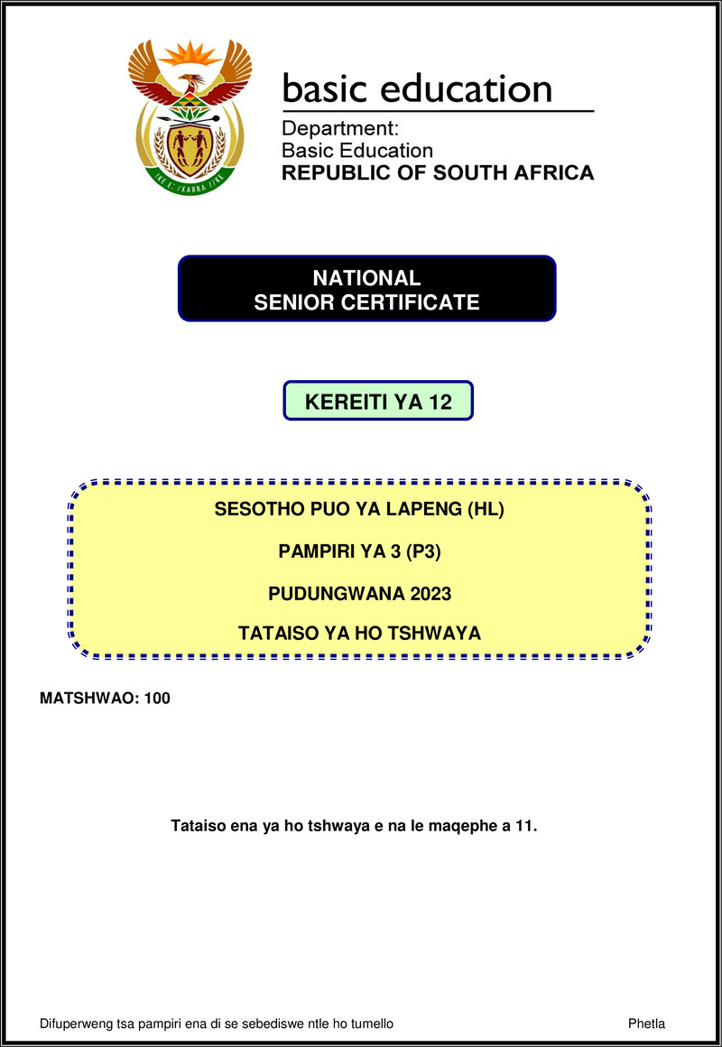 Sesotho Hl P3 Nov 2023 Mg Gr12