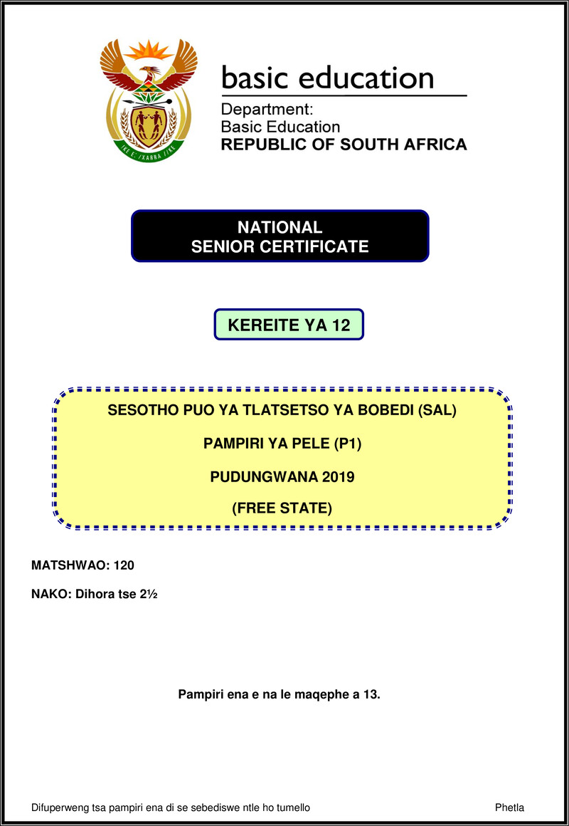 Sesotho Sal P1 Nov 2019 Free State Gr12