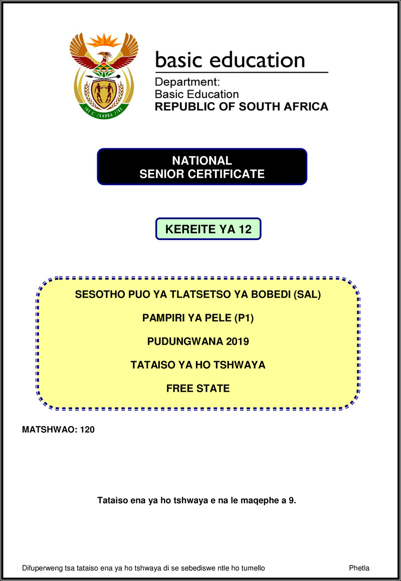 Sesotho Sal P1 Nov 2019 Memo Free State Gr12