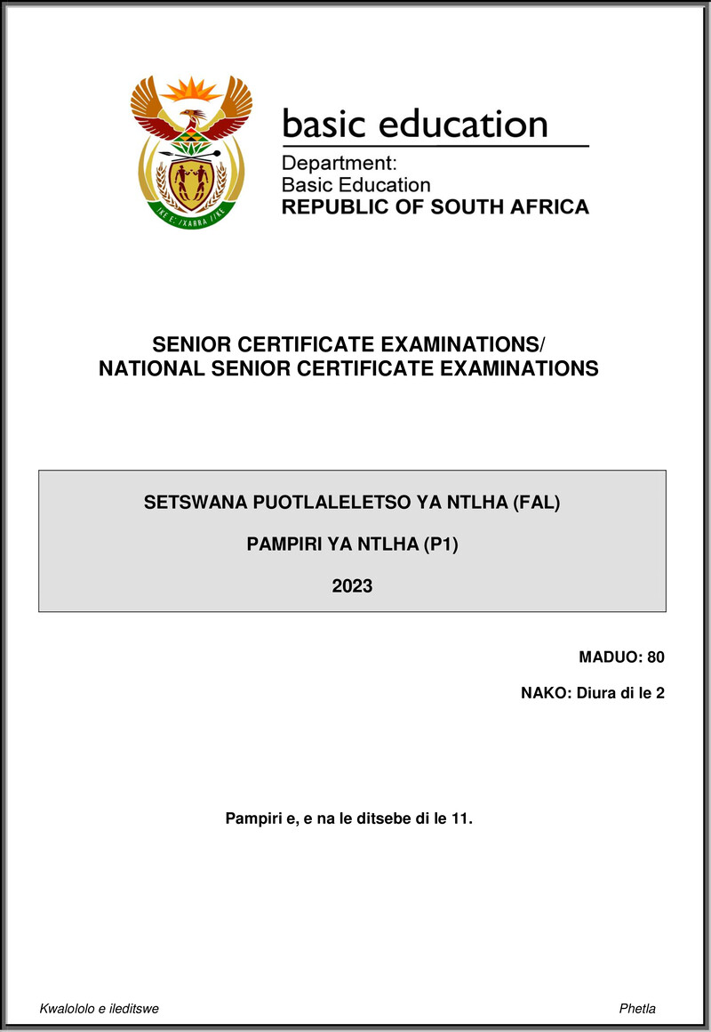 Grade 12 Setswana past paper 2023 – setswana fal p1 may june 2023 gr12
