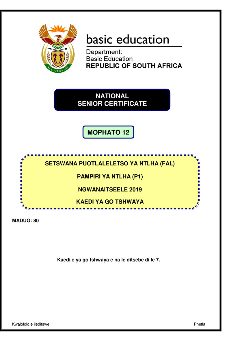 Grade 12 Setswana past paper 2019 – setswana fal p1 nov 2019 memo gr12