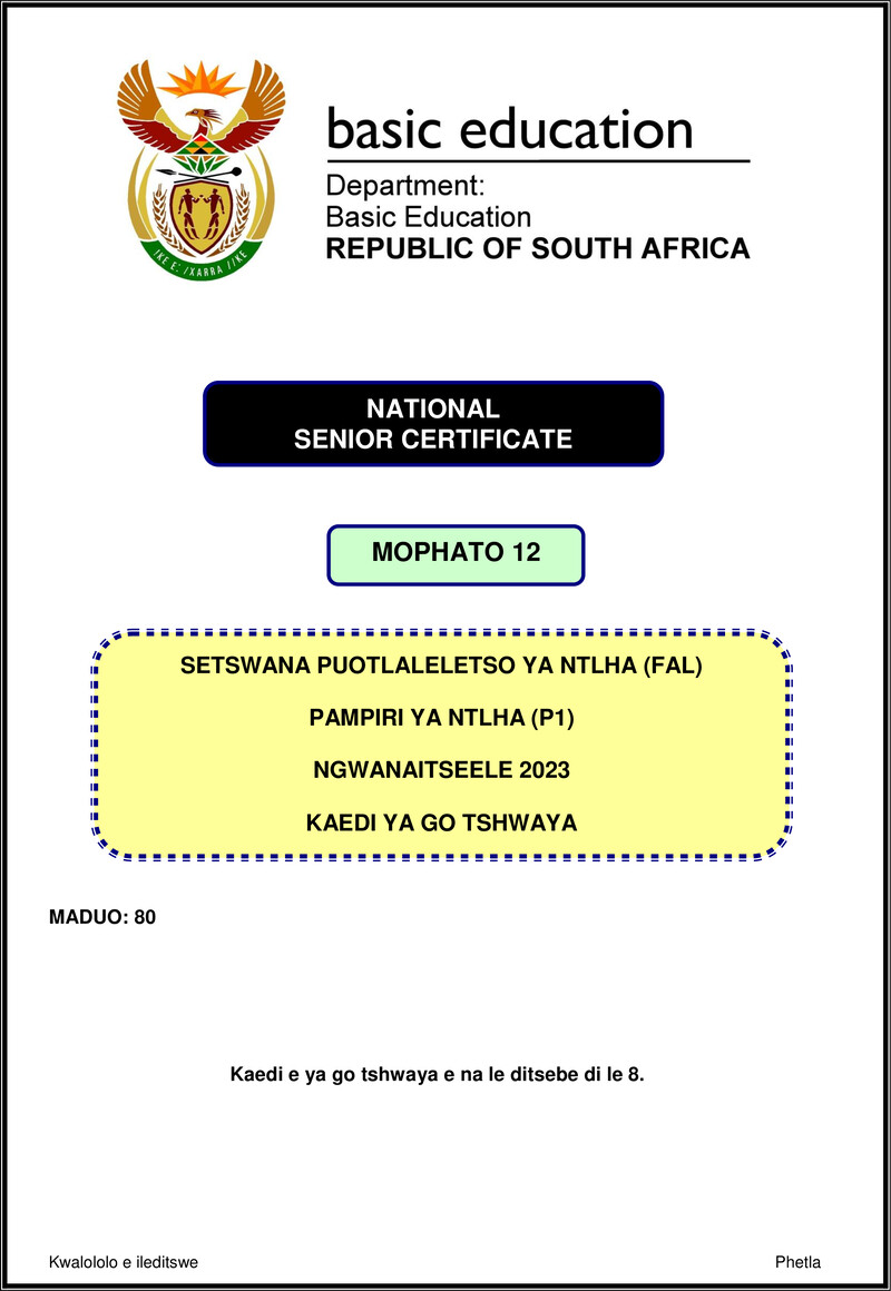 Grade 12 Setswana past paper 2023 – setswana fal p1 nov 2023 mg gr12