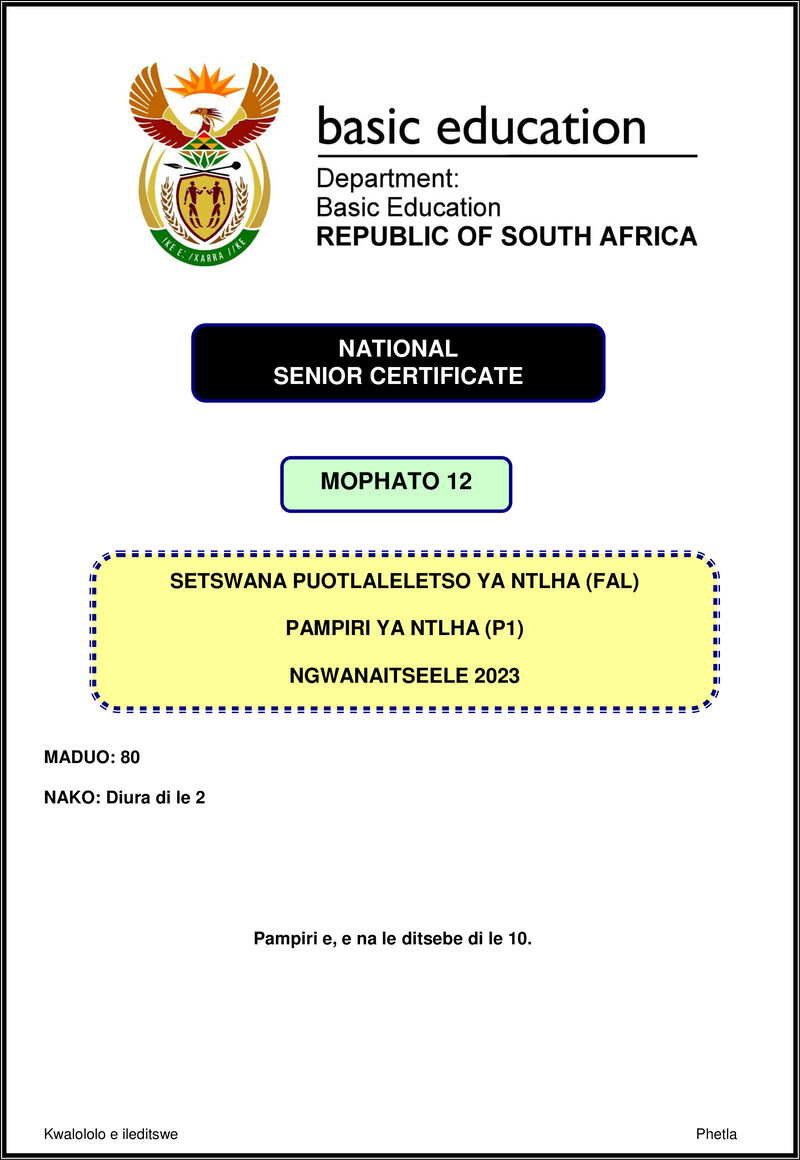 Grade 12 Setswana past paper 2023 – setswana fal p1 nov 2023 gr12