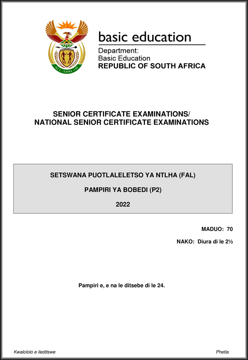 Setswana Fal P2 May June 2022 Gr12
