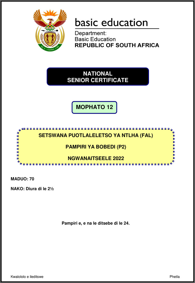 Setswana Fal P2 Nov 2022 Gr12