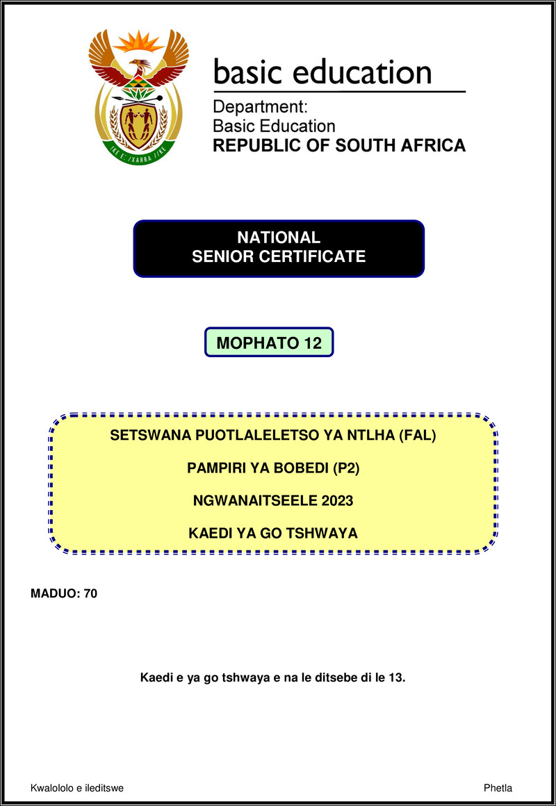 Grade 12 Setswana past paper 2023 – setswana fal p2 nov 2023 mg gr12