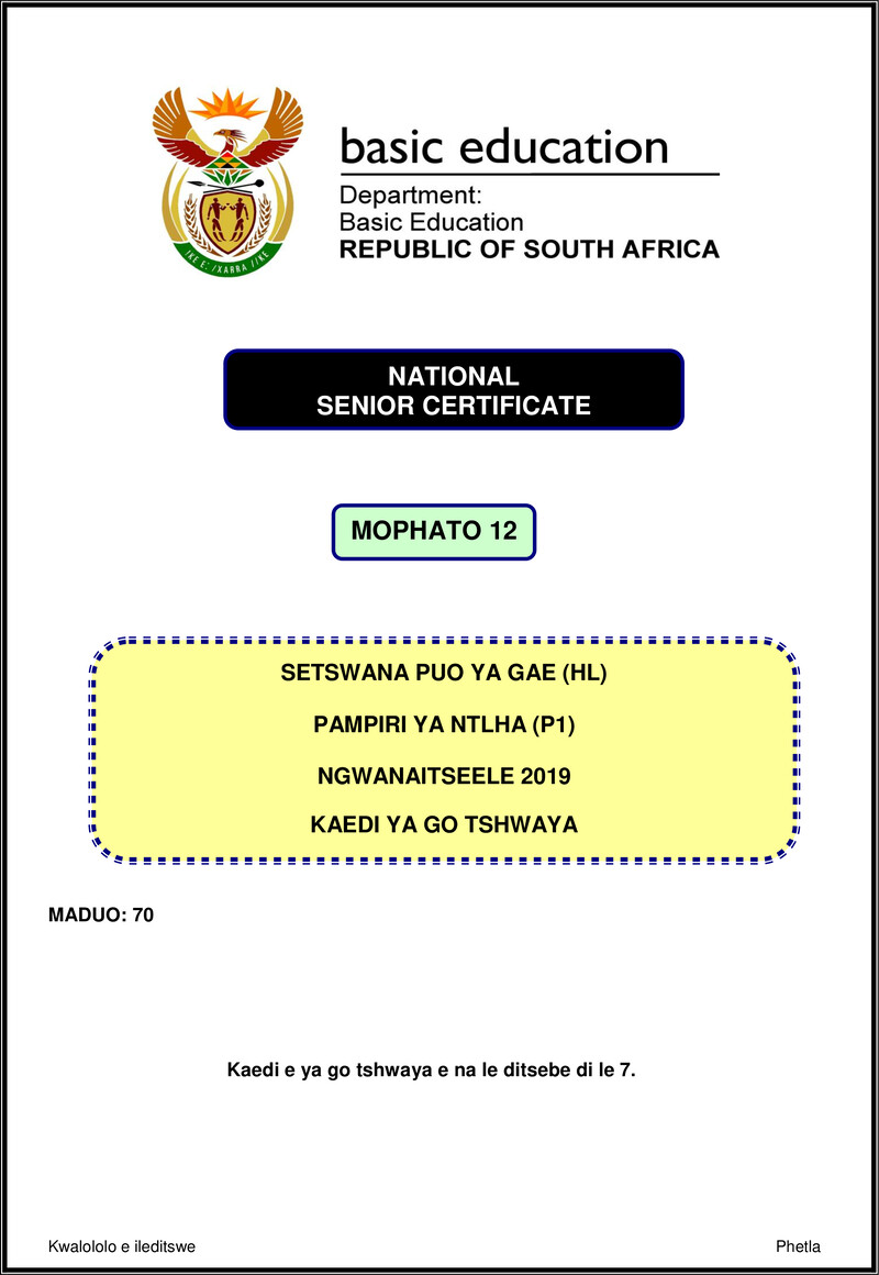Grade 12 Setswana past paper 2019 – setswana hl p1 nov 2019 memo gr12