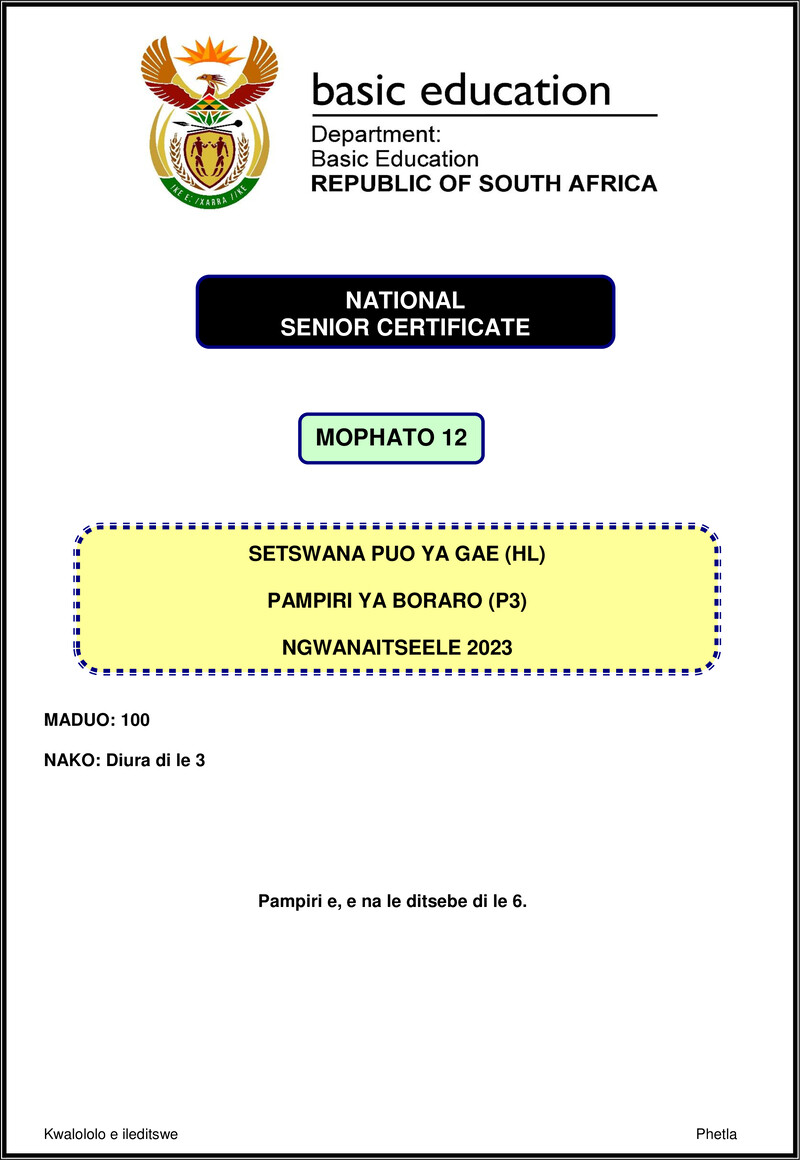 Grade 12 Setswana past paper 2023 – setswana hl p3 nov 2023 gr12