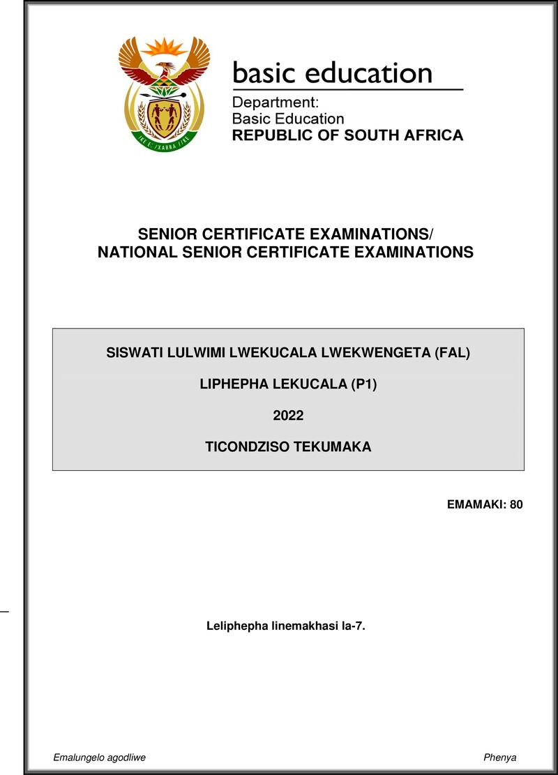 Siswati Fal P1 May June 2022 Mg Gr12
