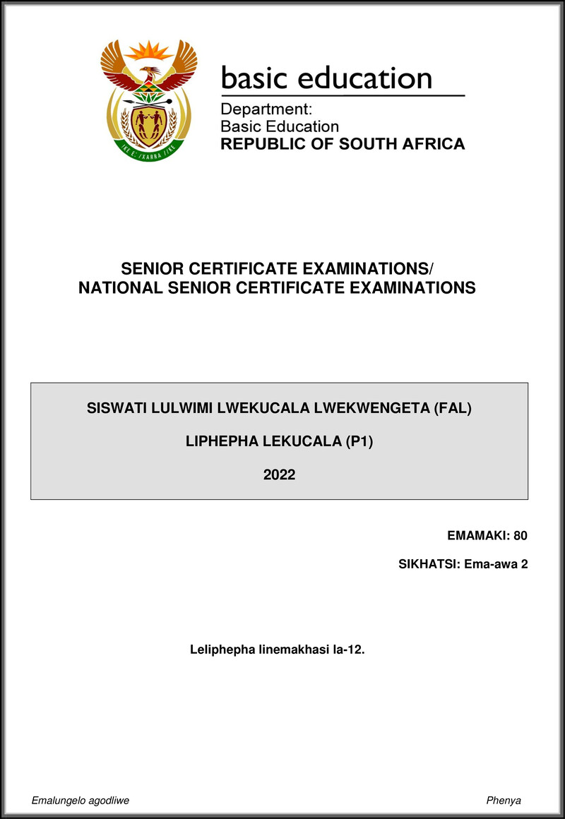 Siswati Fal P1 May June 2022 Gr12