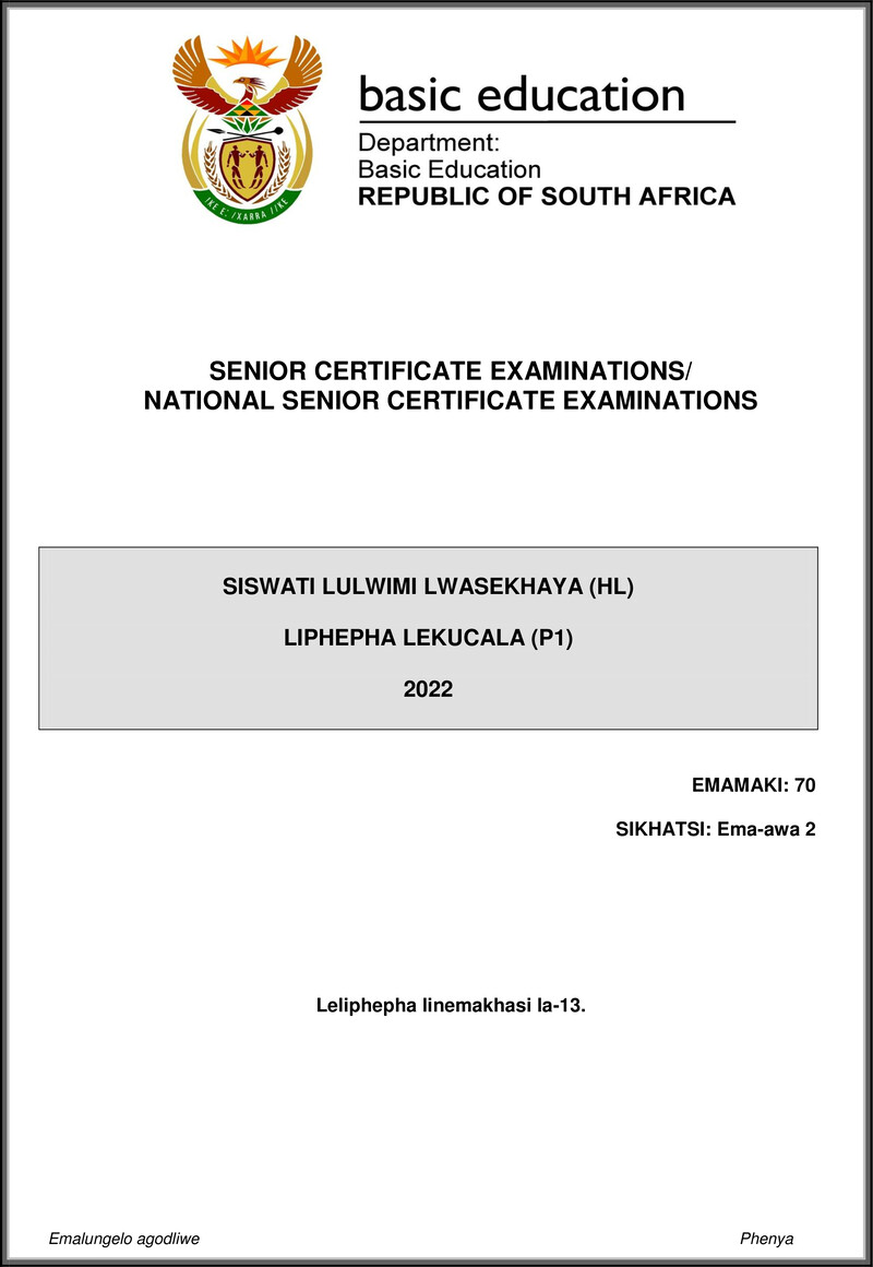 Siswati Hl P1 May June 2022 Gr12