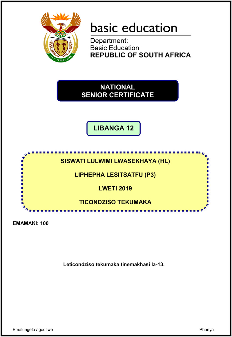 Siswati Hl P3 Nov 2019 Memo Gr12