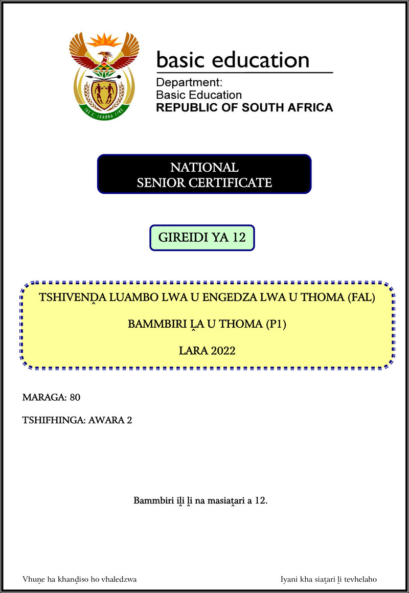 Tshivenda Fal P1 Nov 2022 Gr12