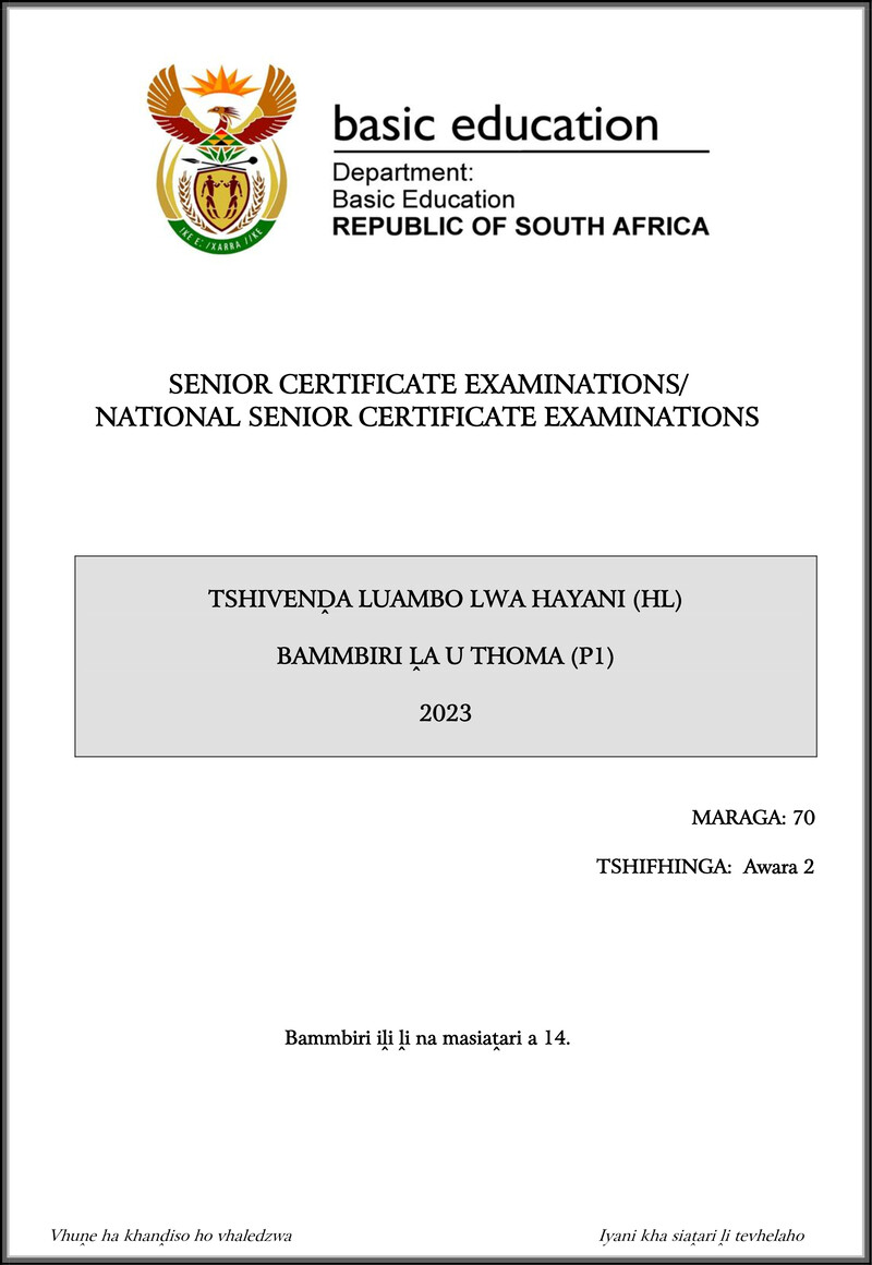 Tshivenda Hl P1 May June 2023 Gr12