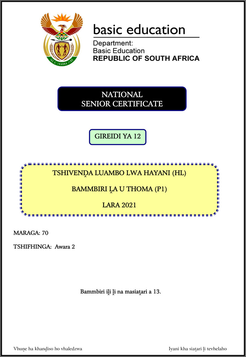 Tshivenda Hl P1 Nov 2021 Gr12