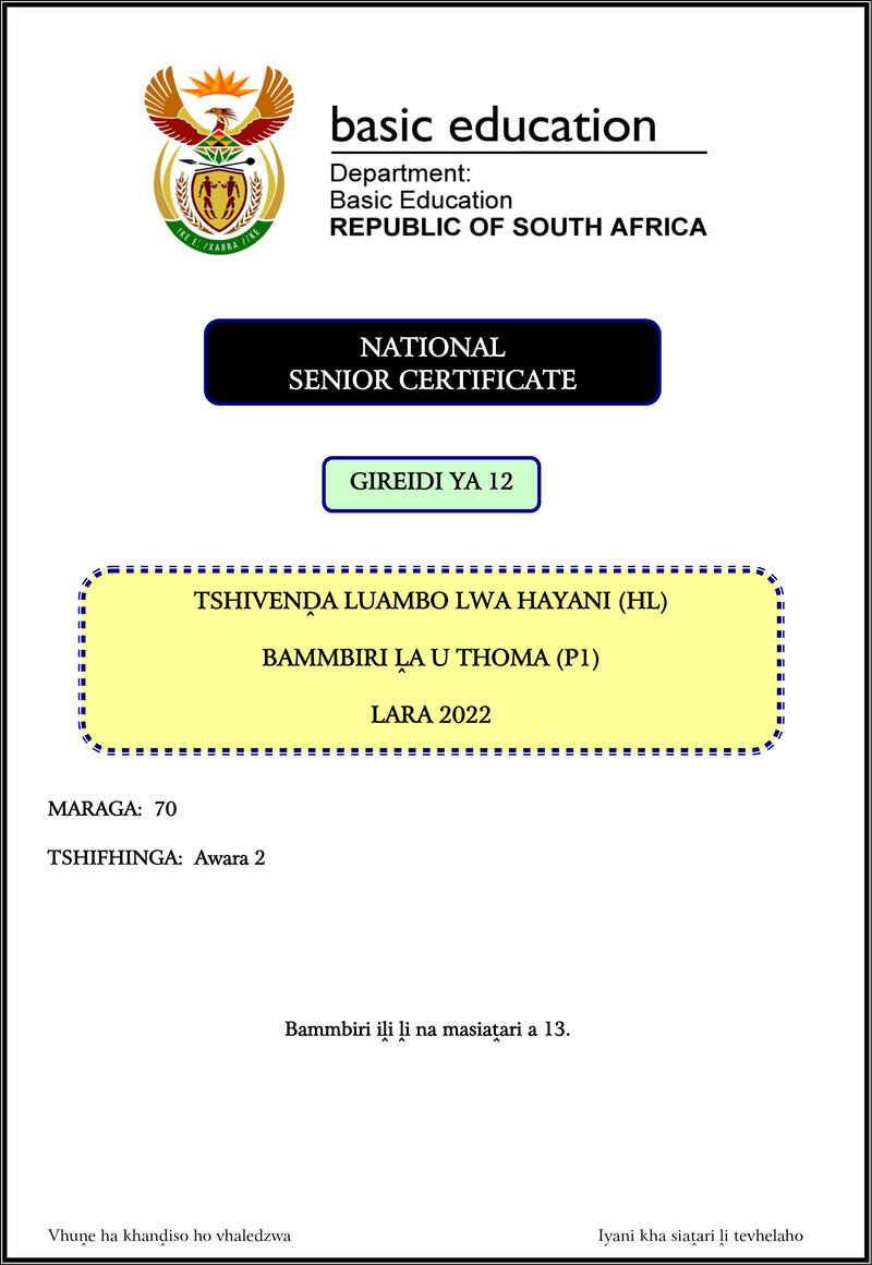 Tshivenda Hl P1 Nov 2022 Gr12