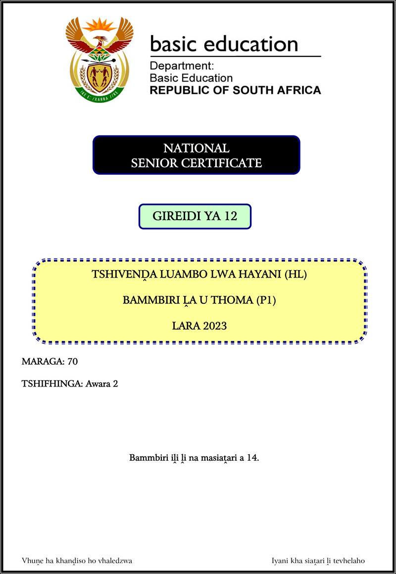 Tshivenda Hl P1 Nov 2023 Gr12