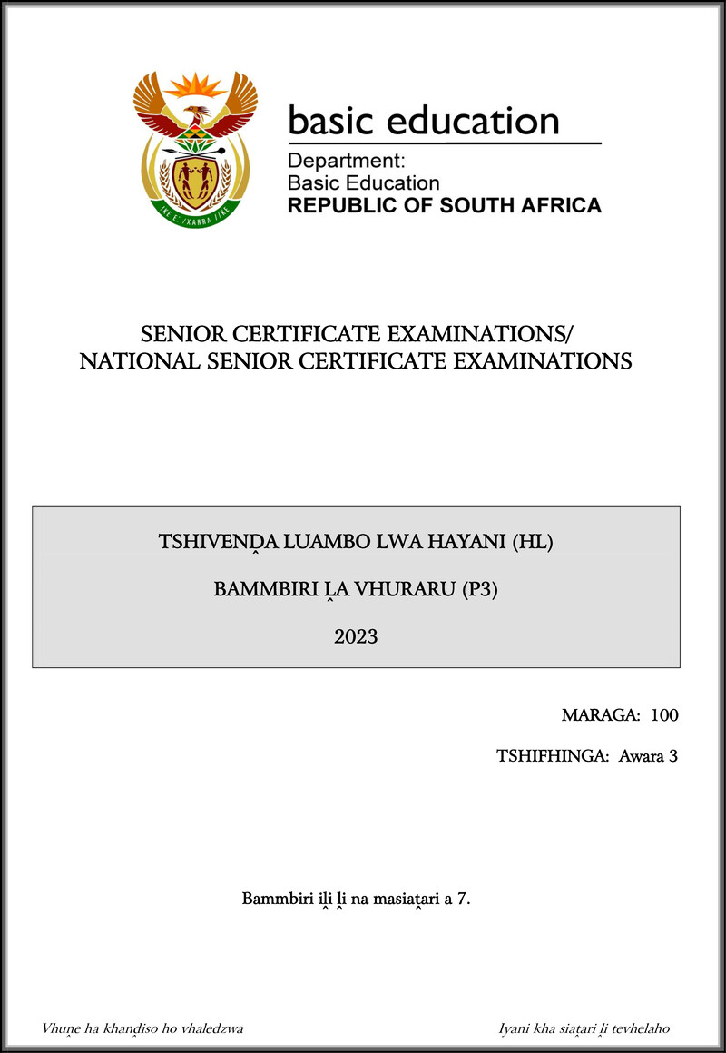 Tshivenda Hl P3 May June 2023 Gr12