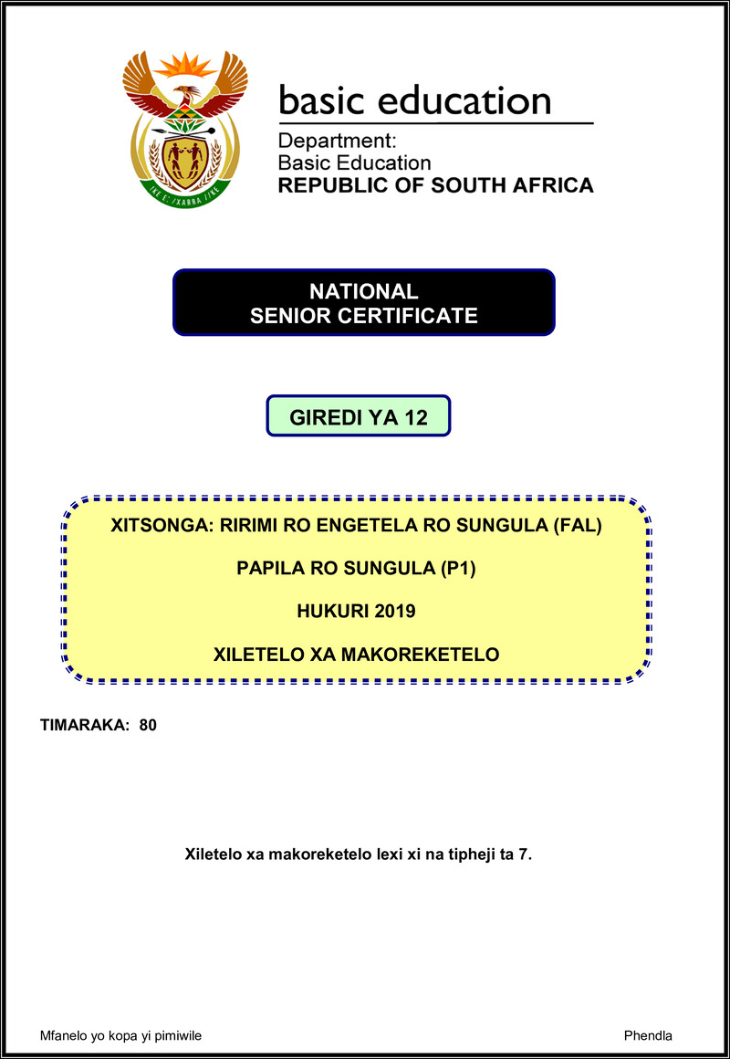 Xitsonga Fal P1 Nov 2019 Memo Gr12