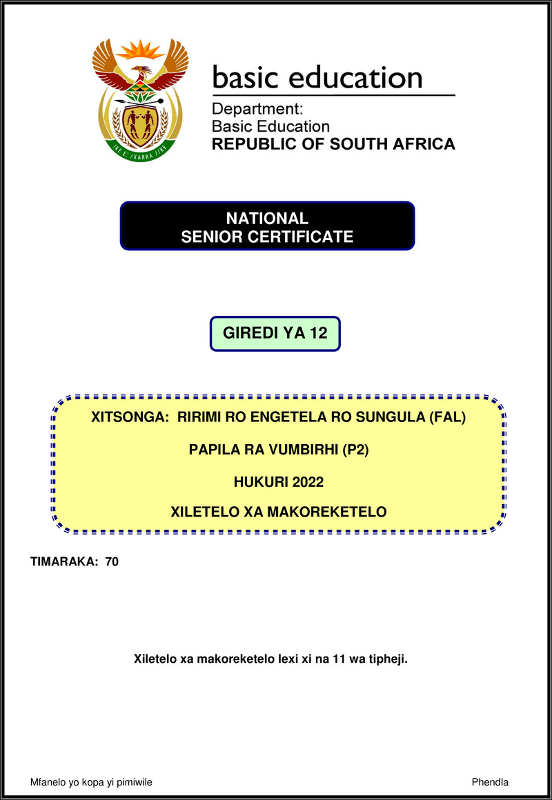 Xitsonga Fal P2 Nov 2022 Mg Gr12