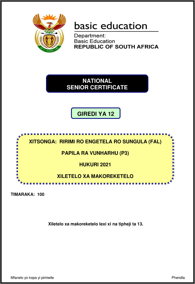 Xitsonga Fal P3 Nov 2021 Mg Gr12