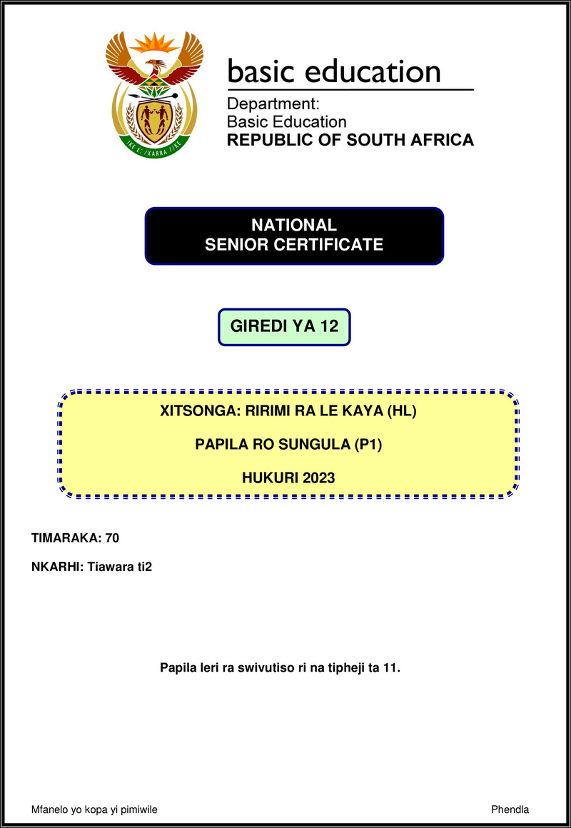 Xitsonga Hl P1 Nov 2023 Gr12