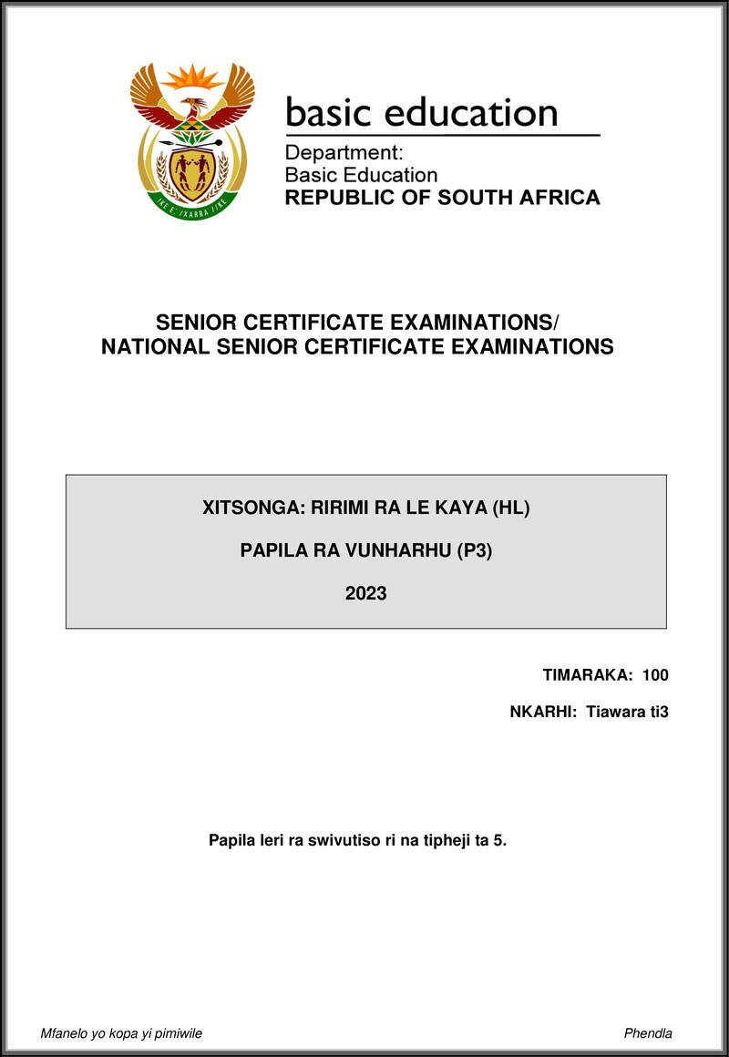 Xitsonga Hl P3 May June 2023 Gr12
